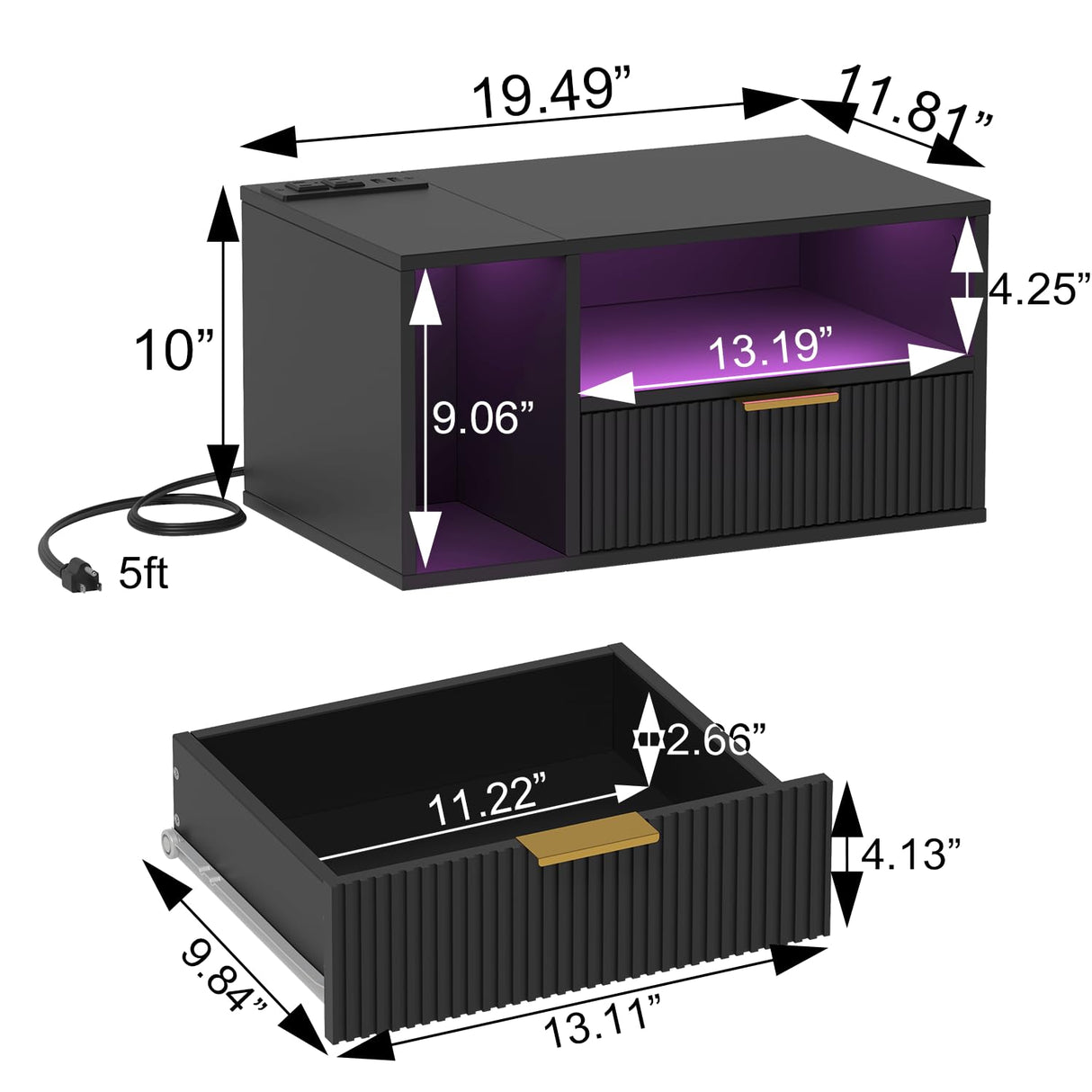 Veegle Black Floating Nightstand with Charging Station and LED Lights,Black Veegle