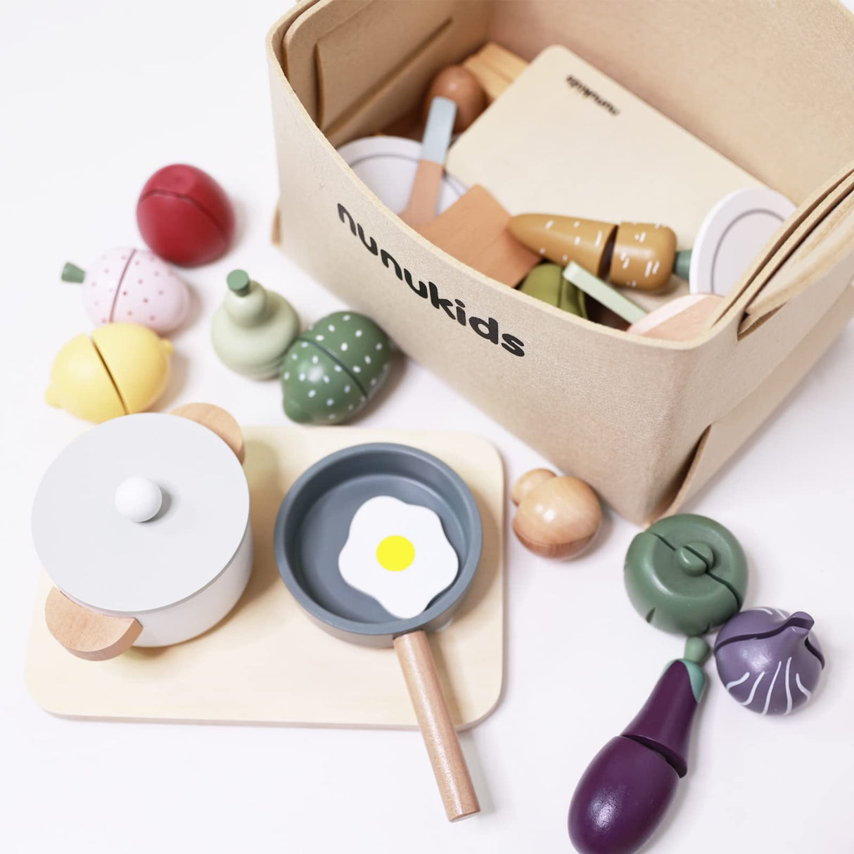 nunukids Wooden Play Food Sets for Kids Kitchen 42 pc Wooden Toys with Storage Basket Wood Pretend Food Play Kitchen Accessories Set nunukids