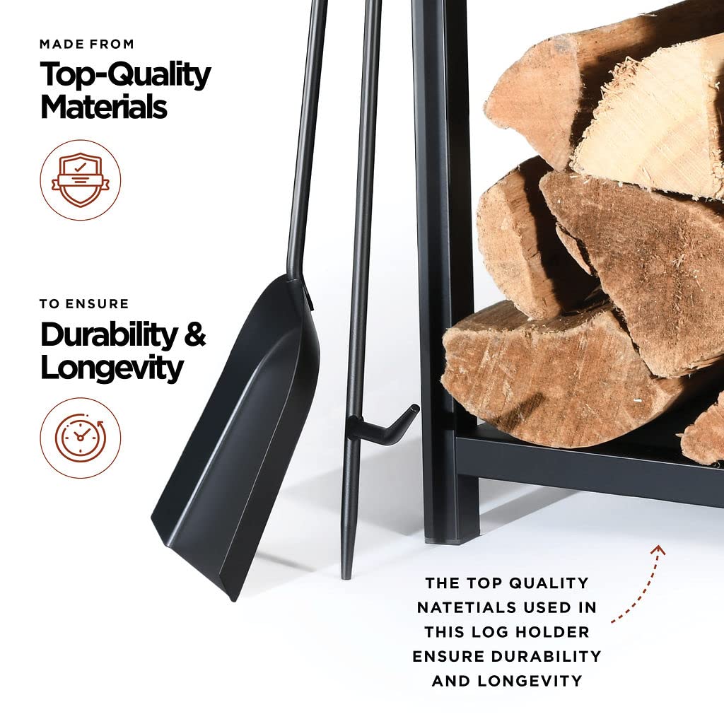 HOME IT Firewood Rack Indoor Outdoor - 2-Tier Firewood Holder with Fireplace Tools Set, Brush, Shovel, Poker, Tongs - Waterproof Steel Pipe Log Holder, Black Stove Wrought Iron - 17x12x29 HOME IT