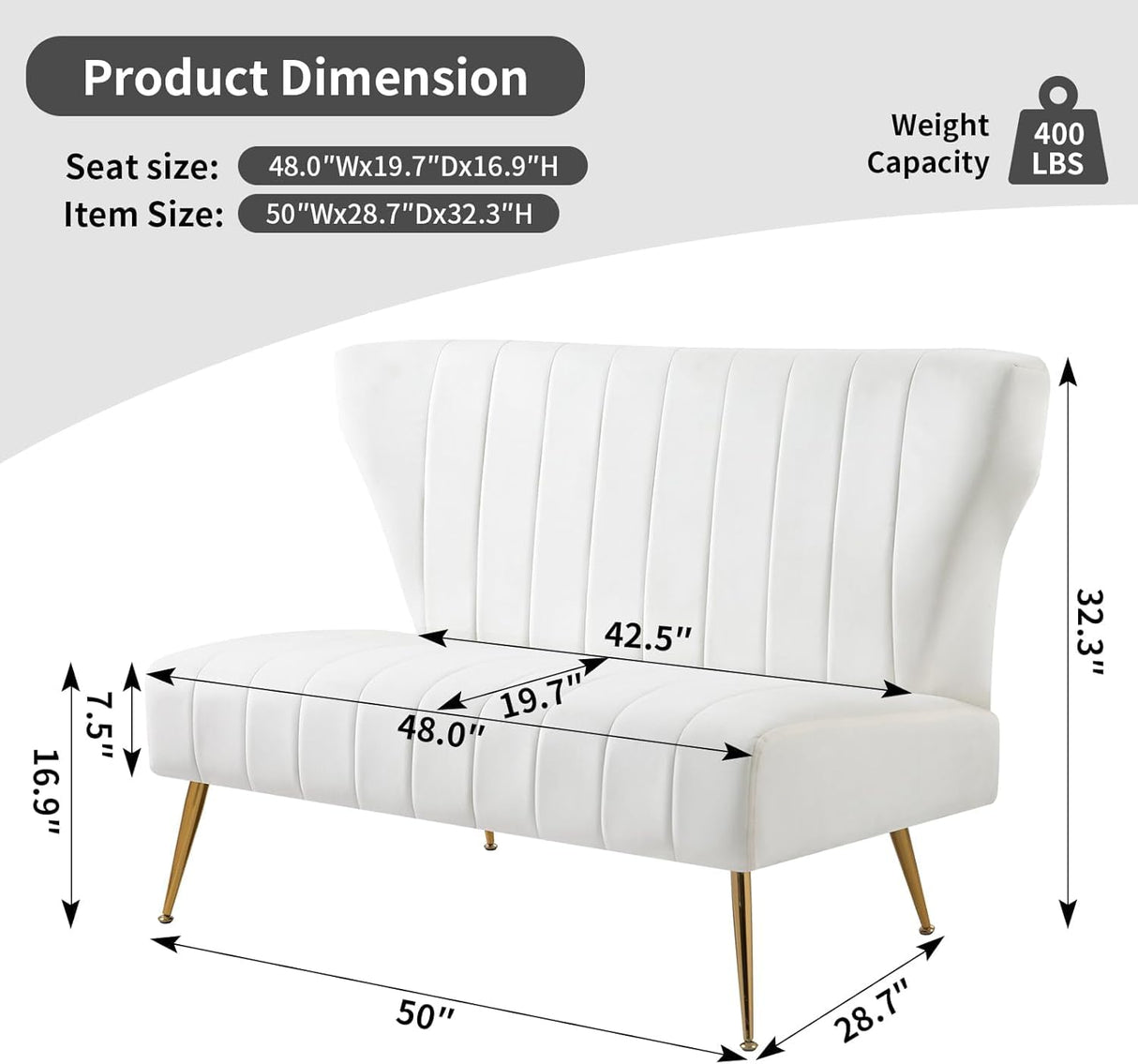 ZJhome 50’’ Armless Loveseat Sofa, Comfy Upholstered Velet Small Couch Sofa with Gold Legs, 2 Seater Tufted Modern Couch for Living Room, Bedroom, Apartment Small Space (White) ZJhome