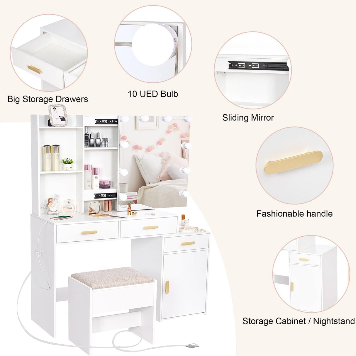 ANWBROAD Makeup Vanity Desk Vanity Set with 10 LED Bulb Lighted Sliding Mirror Makeup Vanity Table with Charging Station Nightstand 3 Colors Modes Dimming Cushioned Stool Dressing Table White UBDT54W ANWBROAD