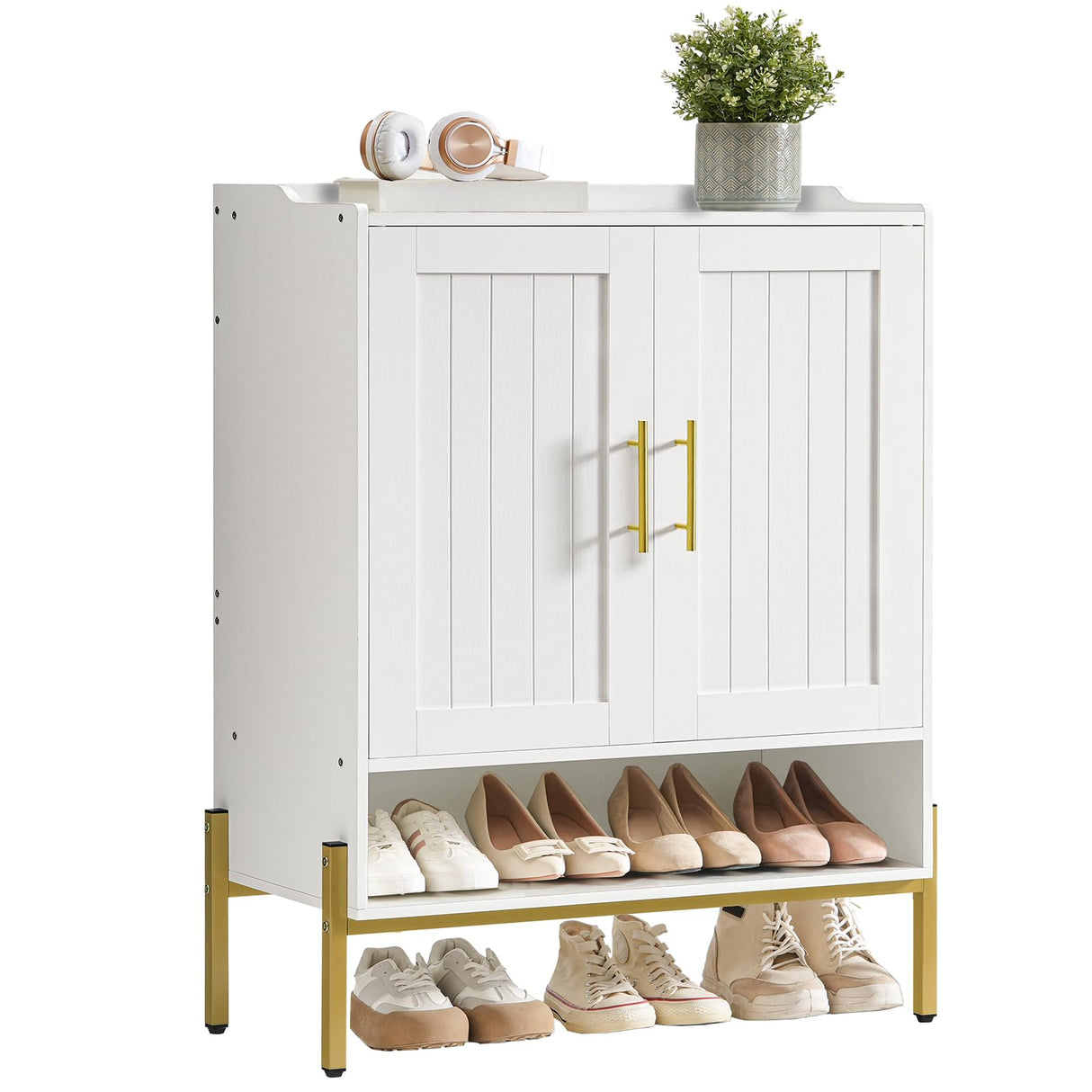 HOOBRO Shoe Cabinet, 5-Tier Shoe Storage Organizer with Doors, Wooden Shoe Cabinet Storage for Entryway, Freestanding Shoe Rack Cabinet with 3 Adjustable Shelves for Hallway, Gold and White DW41SC01 HOOBRO