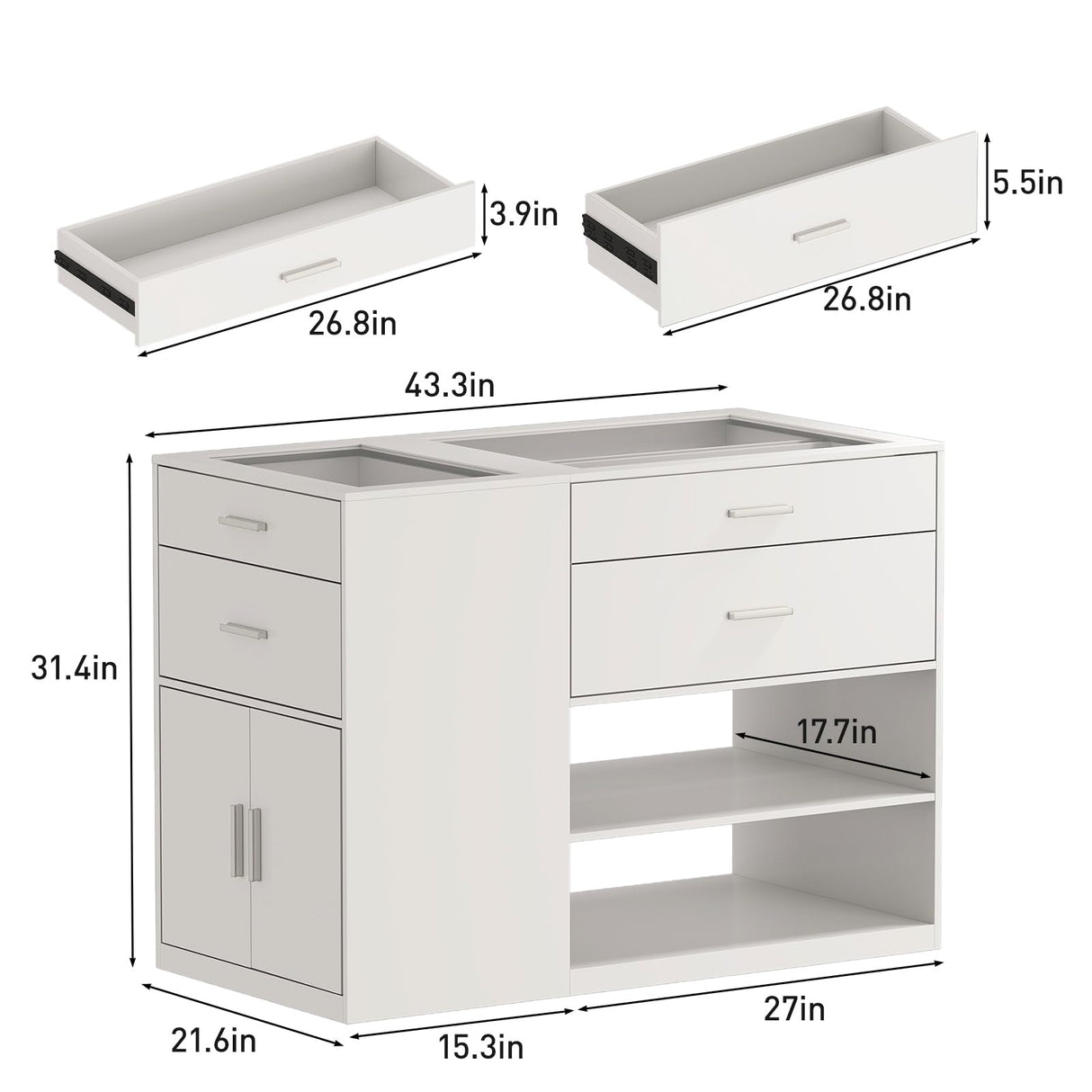 Maupvit Armoire Bedroom Closet Island with Glass Top, White Wardrobe Closet Island with 6 Drawers, Island Dresser with Display Shelf & Storage Cabinet, Walk in Closet Island for Bedroom Maupvit