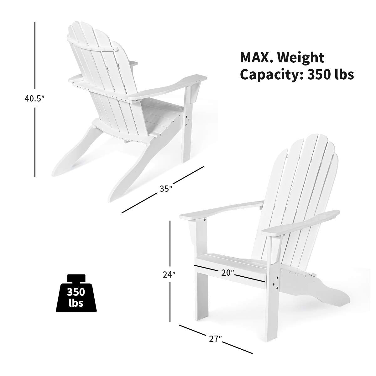 Giantex Adirondack Chair Set of 2 Acacia Wood Outdoor Chairs with 350 lbs Weight Capacity, Lounge Chair Armchair for Yard, Patio, Garden, Poolside, Balcony, Deck Fire Pit Chairs, White Giantex