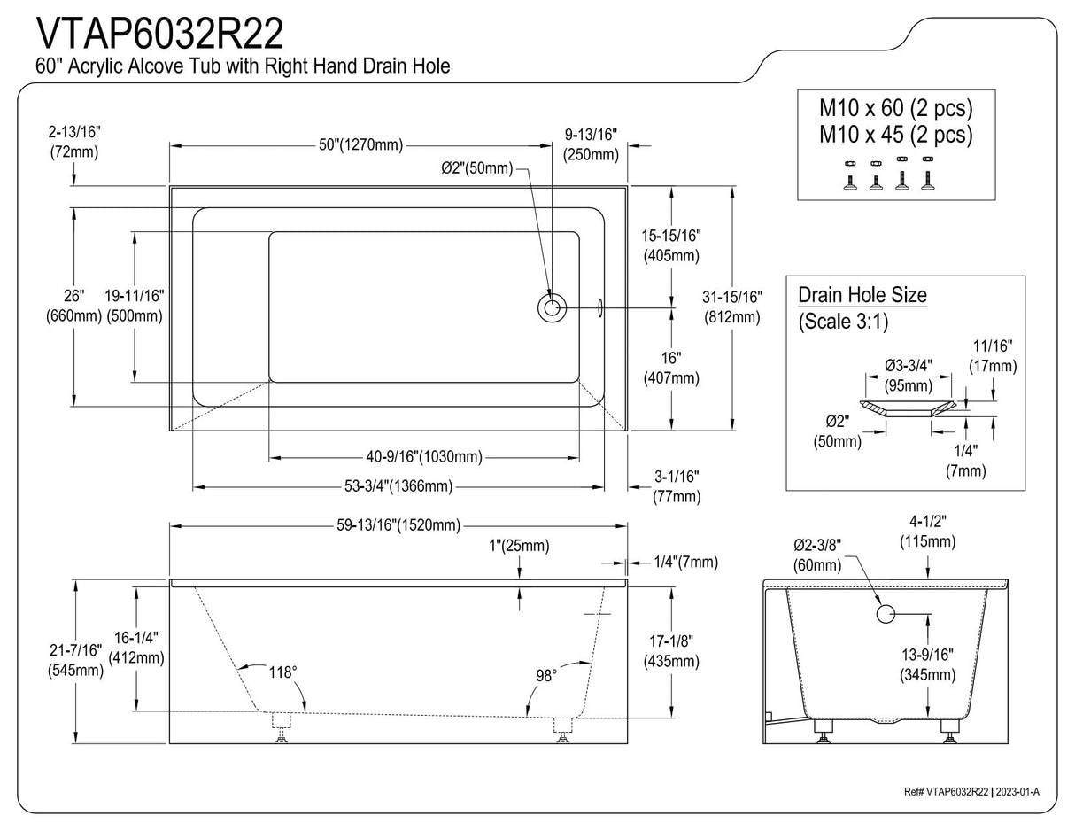 Aqua Eden VTAP6032R22 60-Inch Acrylic 3-Wall Alcove Tub with Right Hand Drain Hole, Glossy White Kingston Brass