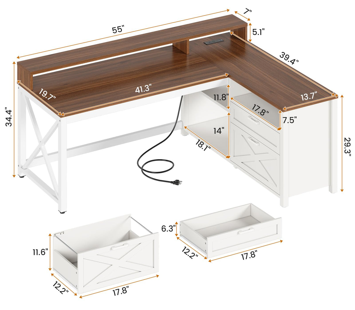SEDETA Farmhouse L Shaped Desk, 55" Home Office Desk with Drawers and Storage Shelves, L Shaped Gaming Desk with LED Lights, Power Outlet and Monitor Shelf, Brown SEDETA