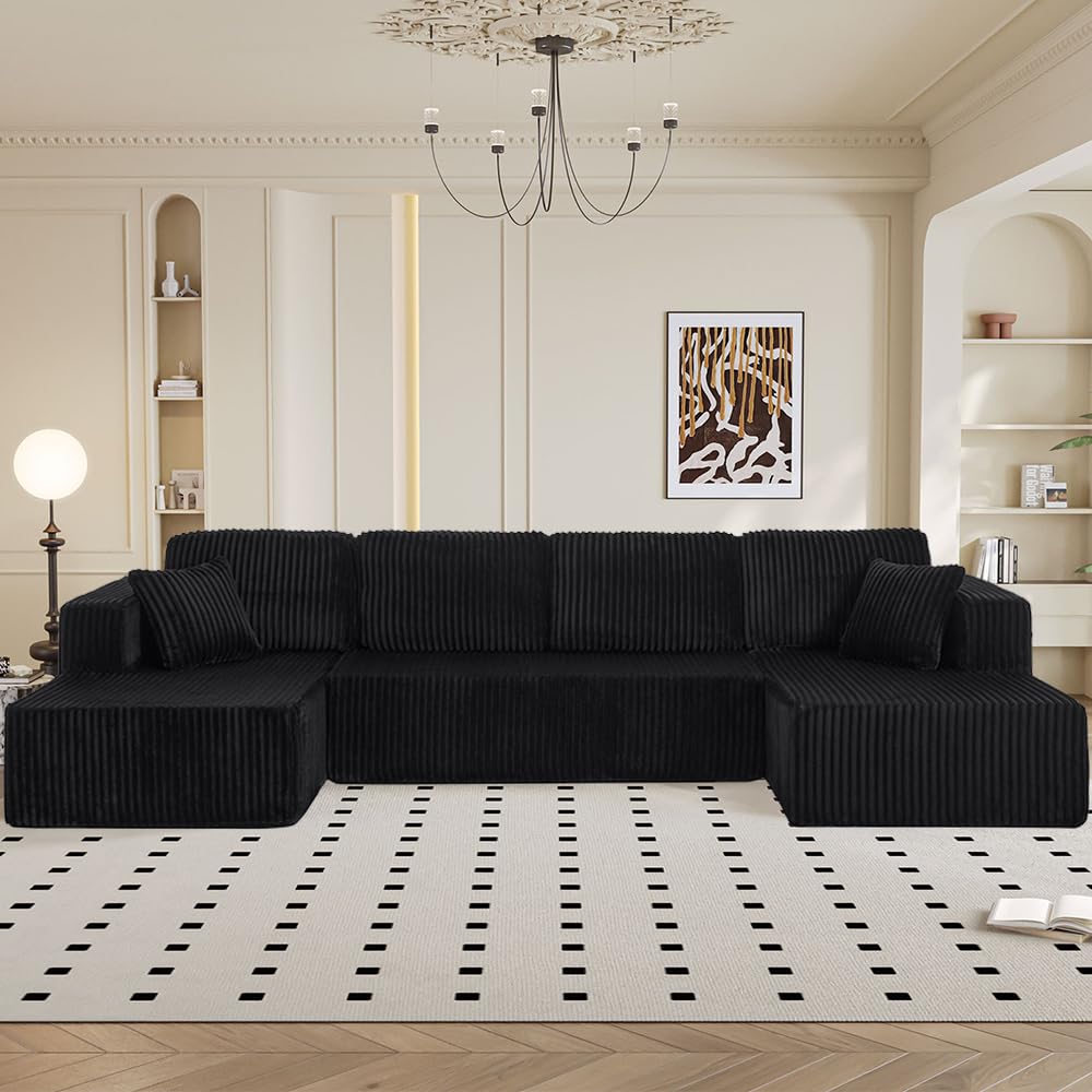 132" Boneless Sectional Cloud Couch Sofa for Living Room, U-Shaped Couch with Double Chaise Lounge, Comfy Memory Foam Modular Sofas Couches for Living Room (Black, 132.48" U-Shaped) OUEEEDD