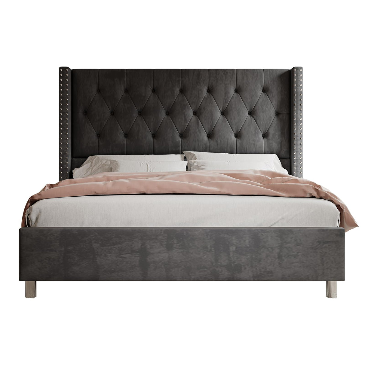 Jocisland Bed Frame King Size Velvet Tufted Upholstered Bed Low Profile Platform Bed Raised Wingback Headboard/Wood Slats Support/No Box Spring Needed/Easy Assembly/Grey Jocisland