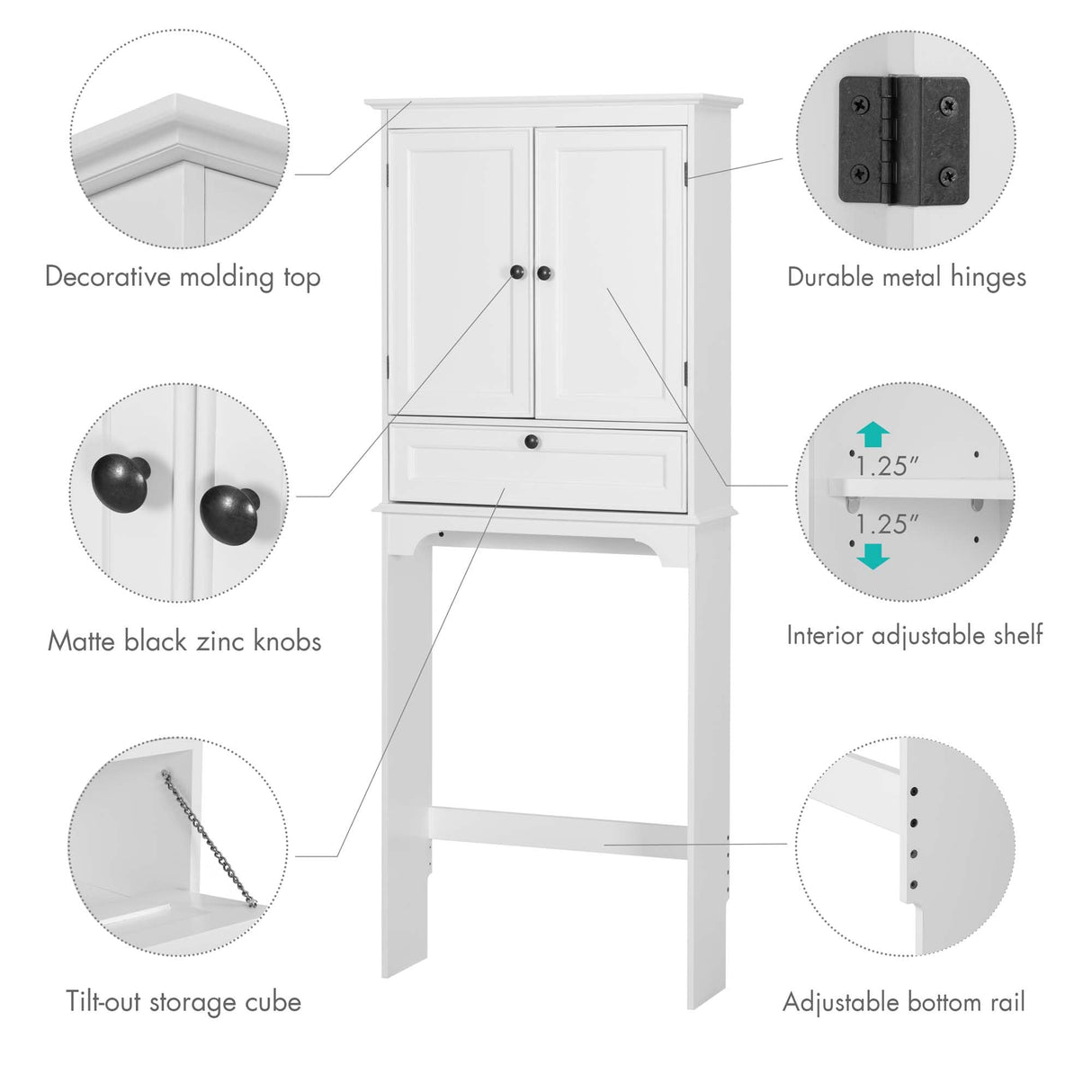 Spirich Over The Toilet Storage Cabinet, Bathroom Above Toilet Storage Cabinet with Doors and Adjustable Shelves, White Spirich