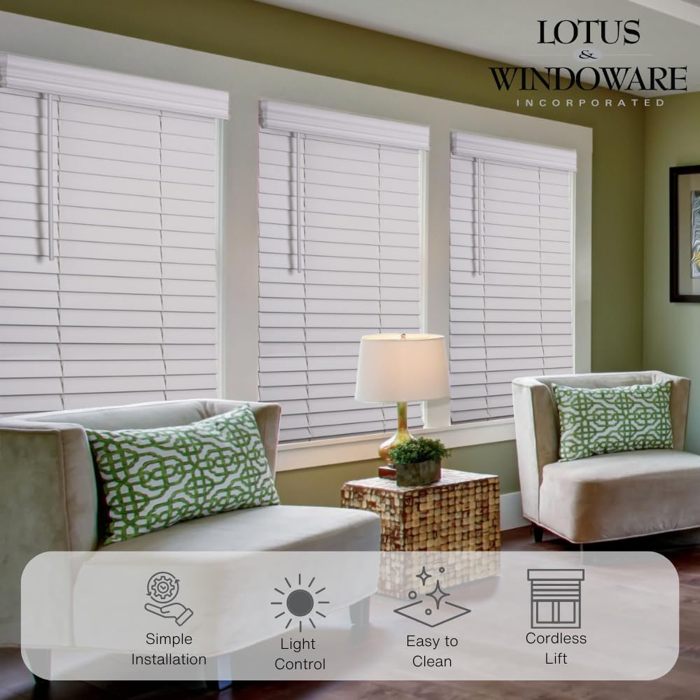 Lotus & Windoware Cordless, 2 Inch Faux Wood Blind, 33" Wide x 48" Long, Window Blinds, Blinds & Shades, Blinds for Indoor Windows, Smooth, Bright White - 33" x 48",Bright White LOTUS & WINDOWARE