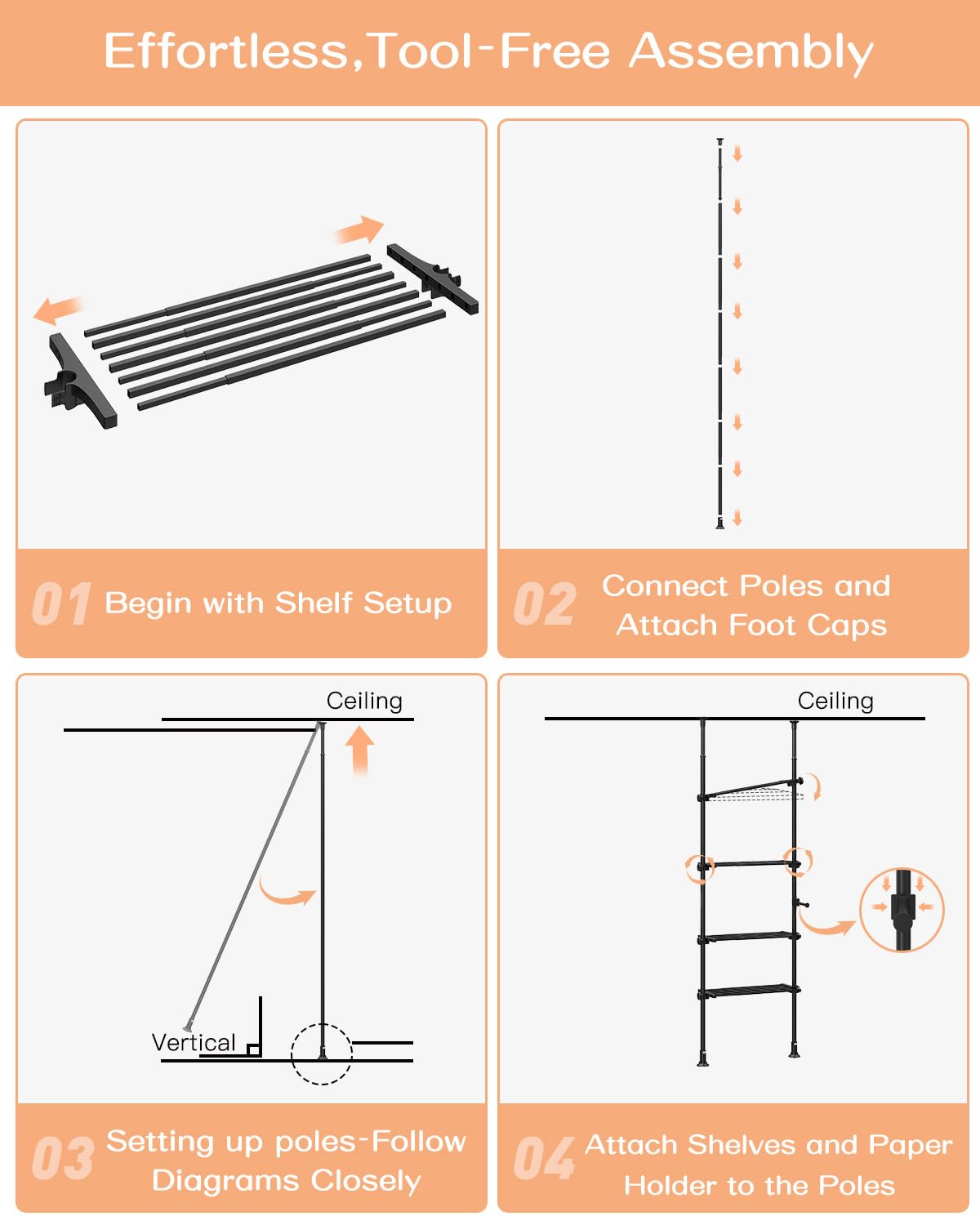 ALLZONE Adjustable Over The Toilet Storage Shelf, 4-Tier Ample Over Toilet Bathroom Organizer and Storage,Tension Mounted Above Toilet Storage Cabinet for Versatility, Fits 64-113 Inch Heights, Black ALLZONE
