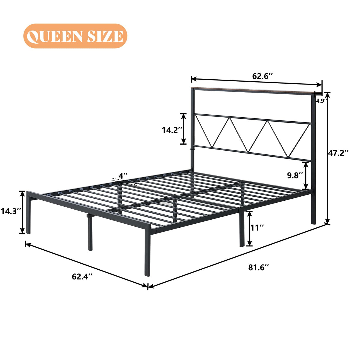 AMERLIFE Queen Size Metal Bed Frame with Headboard Shelf, Platform Bed Frame with LED Strip Light, 11" Underbed Height for Storage, Noise Free, No Box Spring Needed, Black AMERLIFE