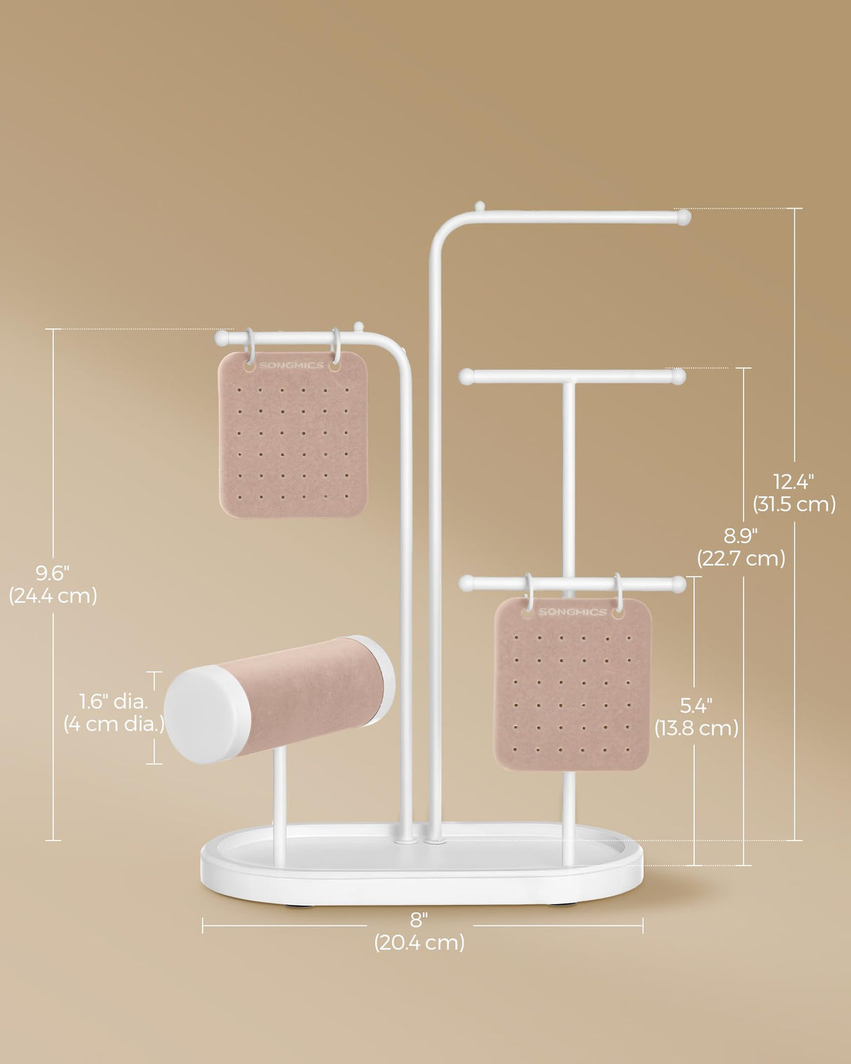 SONGMICS Jewelry Stand, Jewelry Organizer, Jewelry Display Holder with Metal Frame, 2 Earring Boards, 4 Hanging Rods, Necklace Earring Bracelet Holder, for Watches, Cloud White UJJS025W01 SONGMICS