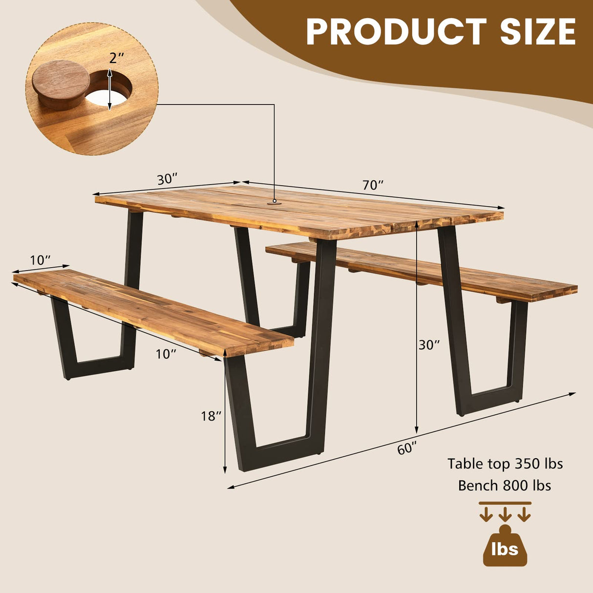 Tangkula Wooden Picnic Table, Outdoor Acacia Wood Picnic Table with 2 Built-in Benches, Umbrella Hole, Steel Frame, Outside Table and Bench Set for Garden, Backyard, Porch, Patio Tangkula