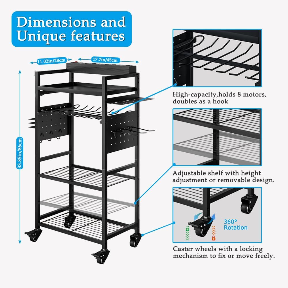 INGIORDAR Large Power Tool Organizer Cart with Charging Station, Garage Floor Standing Rolling Drill and Tools Battery Storage Cart on Wheels, Heavy Duty Utility Rack Shelf for Men, Husband, Father. INGIORDAR