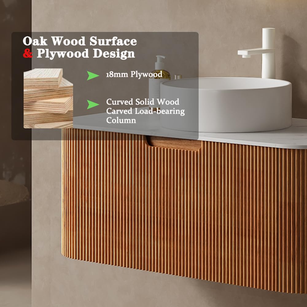 30'' Bathroom Vanities Cabinet with Sink Combo, Wall Mounted Floating Cabinet W/Curved Edges Stripes, Oak Plywood, Soft-close System with a Drawer, White Round Ceramic Basin - Kiel, Natural Wood RAINLUX