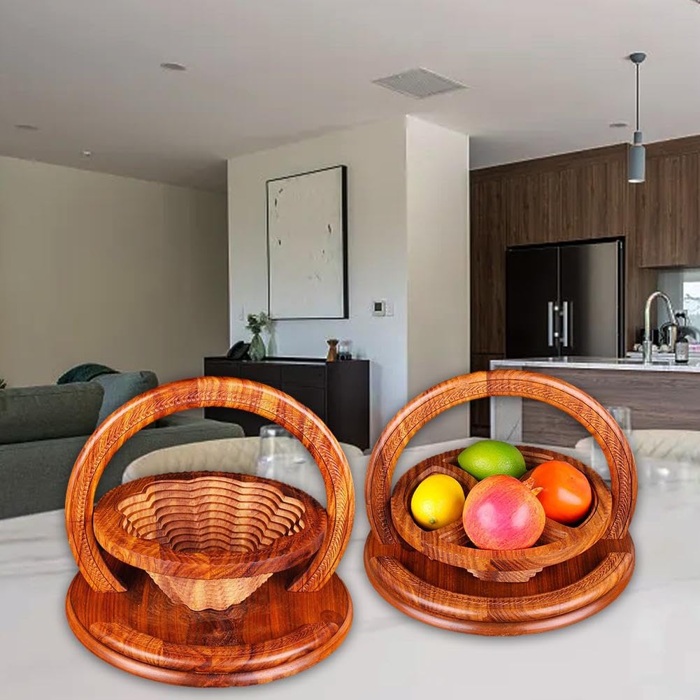 Handmade Wood Carving Fruit Plate -Wooden Fruit Basket, Creative Foldable Fruit Basket, Divided Snack Serving Tray, Collapsible Bread Nuts Baskets, Wooden Container for Candy, Fruit, Nuts Generic