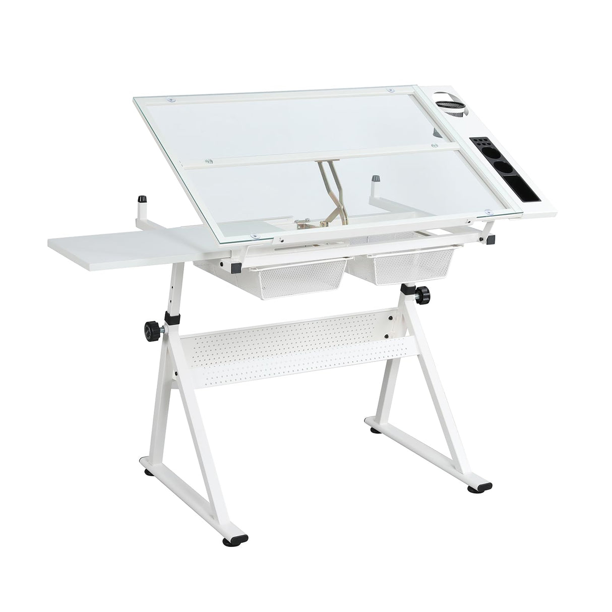Gaderth Drafting Table w/Stool, Height Adjustable Drawing Table, Multifunctional Art Craft Paintings Work Station w/2 Storage Drawers Artists Desk Tilting Glass Tabletop for Home Office, White Gaderth