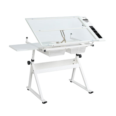 Gaderth Drafting Table w/Stool, Height Adjustable Drawing Table, Multifunctional Art Craft Paintings Work Station w/2 Storage Drawers Artists Desk Tilting Glass Tabletop for Home Office, White