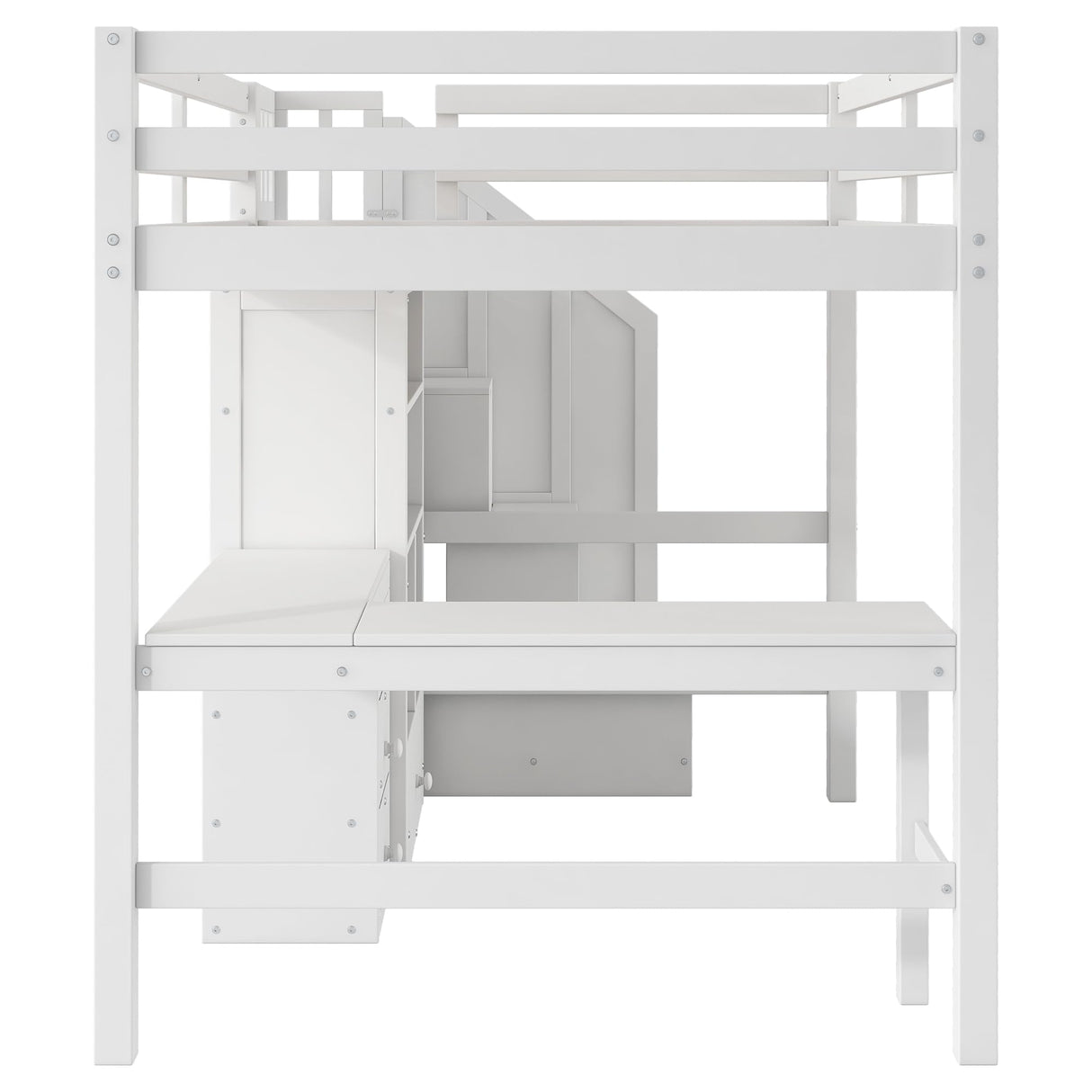 Full Size Loft Bed with Desk and Stairs Wood Loft Beds with Storage Cabinet and Bookcase High Loft Bed Frame with Staircase Shelves for Kids, Teen, Boys, Girls, White Bellemave