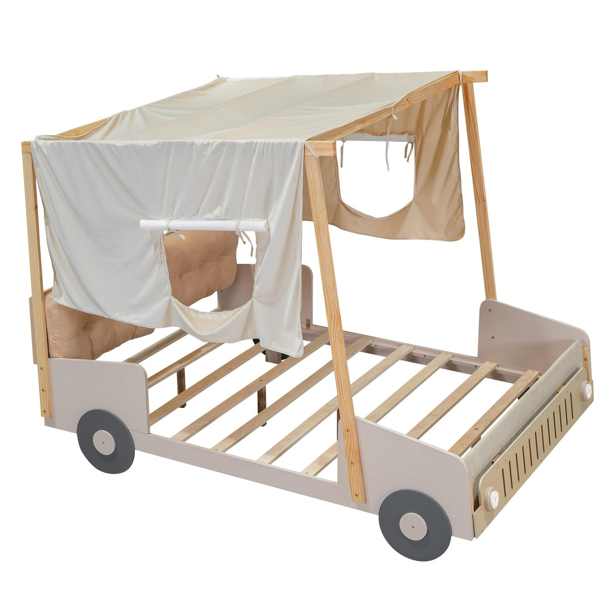 Bellemave Full Size LED Race Car Bed with Tufted Headboard and Imaginative Ceiling Cloth Bellemave