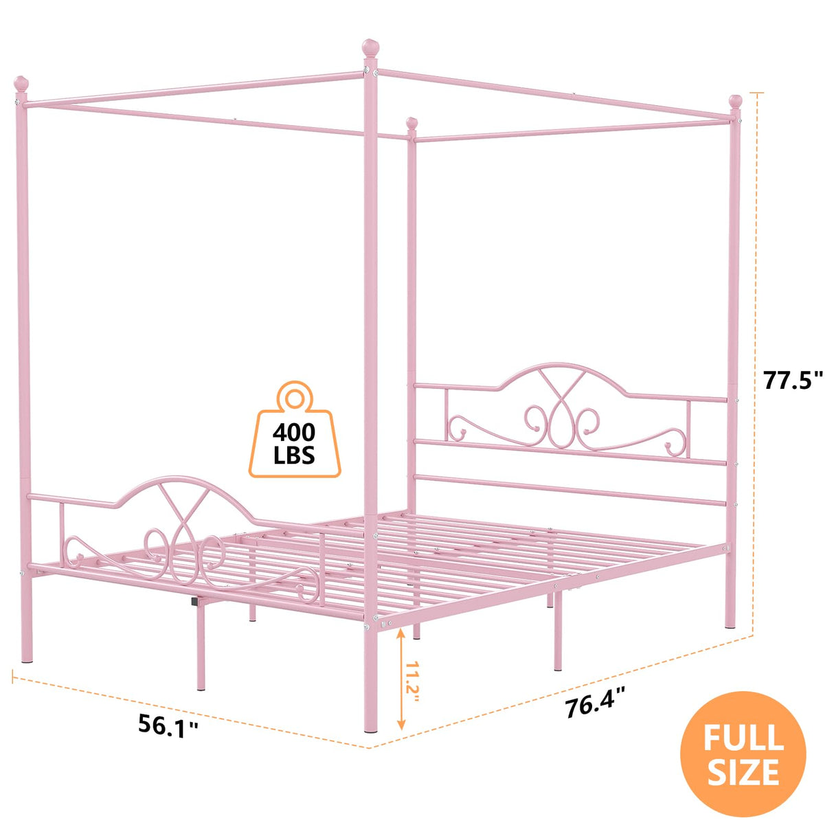 Weehom Full Canopy Bed Frame with Headboard and Footboard, Four-Poster Metal Canopied Platform Bed Mattress Foundation Underbed Storage Space No Box Spring Needed for Girls Adults Pink Weehom