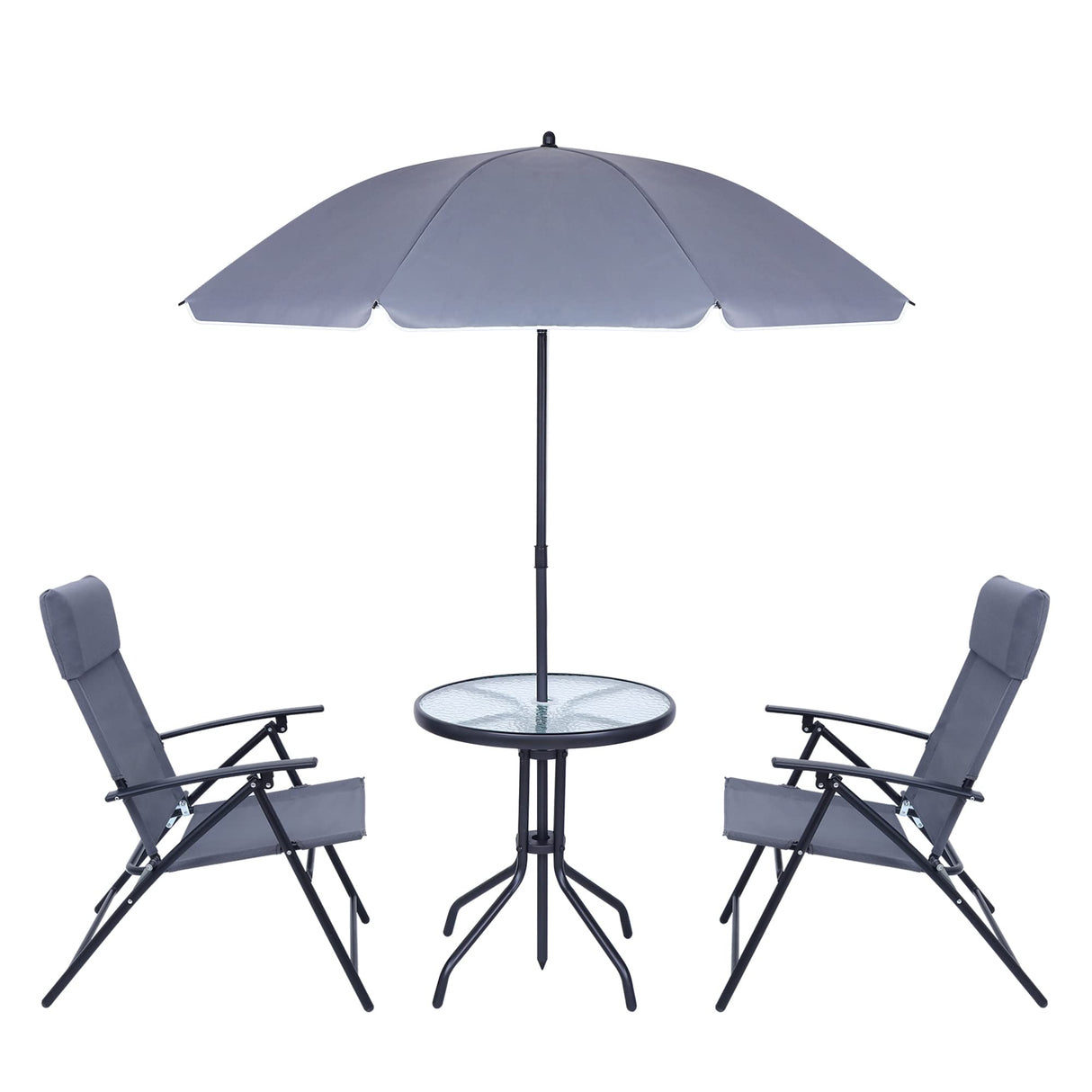 JOYTIO 4 Piece Patio Dining Set, Outdoor Garden Furniture Bistro Set with Tilted Removable Umbrella, 2 Folding Chairs, and Round Glass Table (Grey) JOYTIO