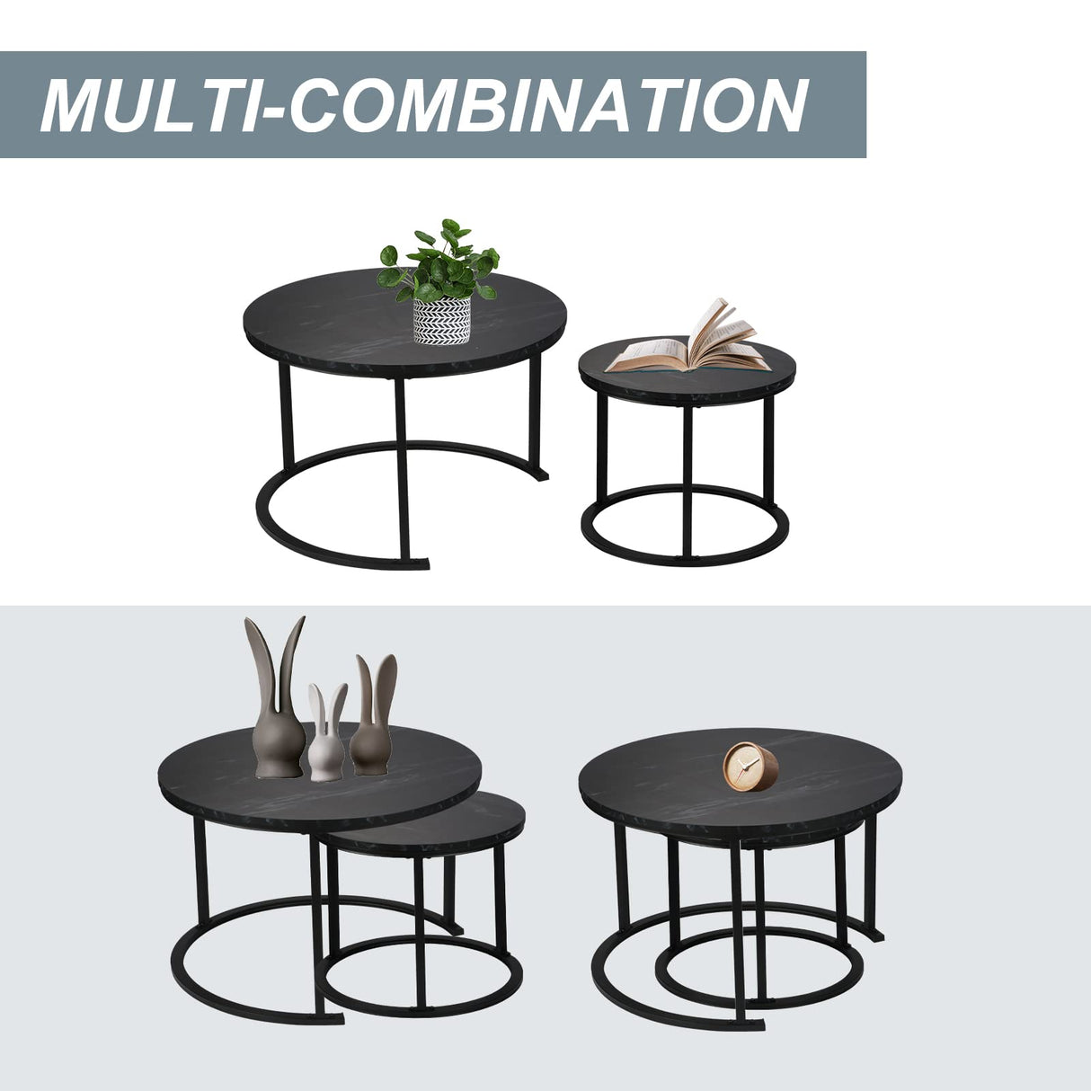 Round Nesting Coffee Set, Stackable Modern Accent Cocktail Table for Living Room Office Balcony,Nesting Tables 2 Piece with Solid Metal Frame and Easy Assembly (Black) EUROSAKURA