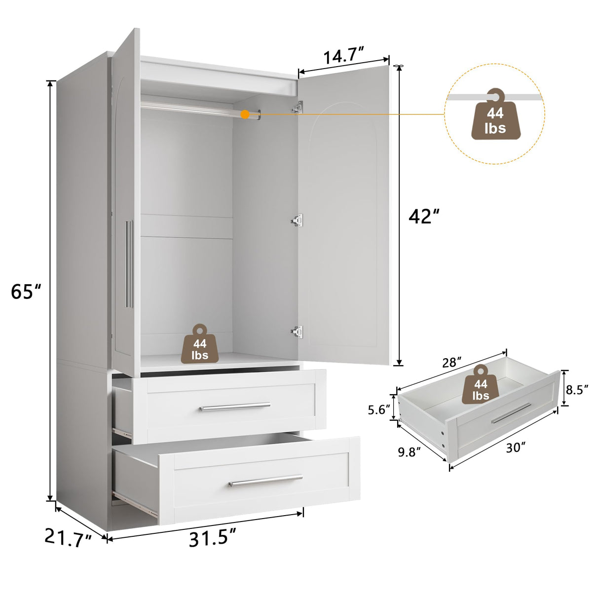 iPormis Armoire Wardrobe Closet with 2 Drawers, Modern Wooden Bedroom Armoire with Doors, Clothing Storage Cabinet with Aluminum Hanging Rod, Wardrobe Storage with Strong Door Closure, White iPormis