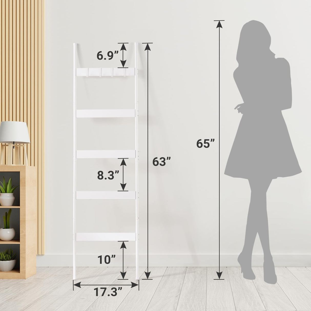 ELYKEN Blanket Ladder for Living Room, Farmhouse 5 -Tier Quilt Holder with 4 Removable Hooks for Bathroom, Wood Towel Rack Display, Wall Anchor Leaning Decorative Stand for Home Decor, White ELYKEN