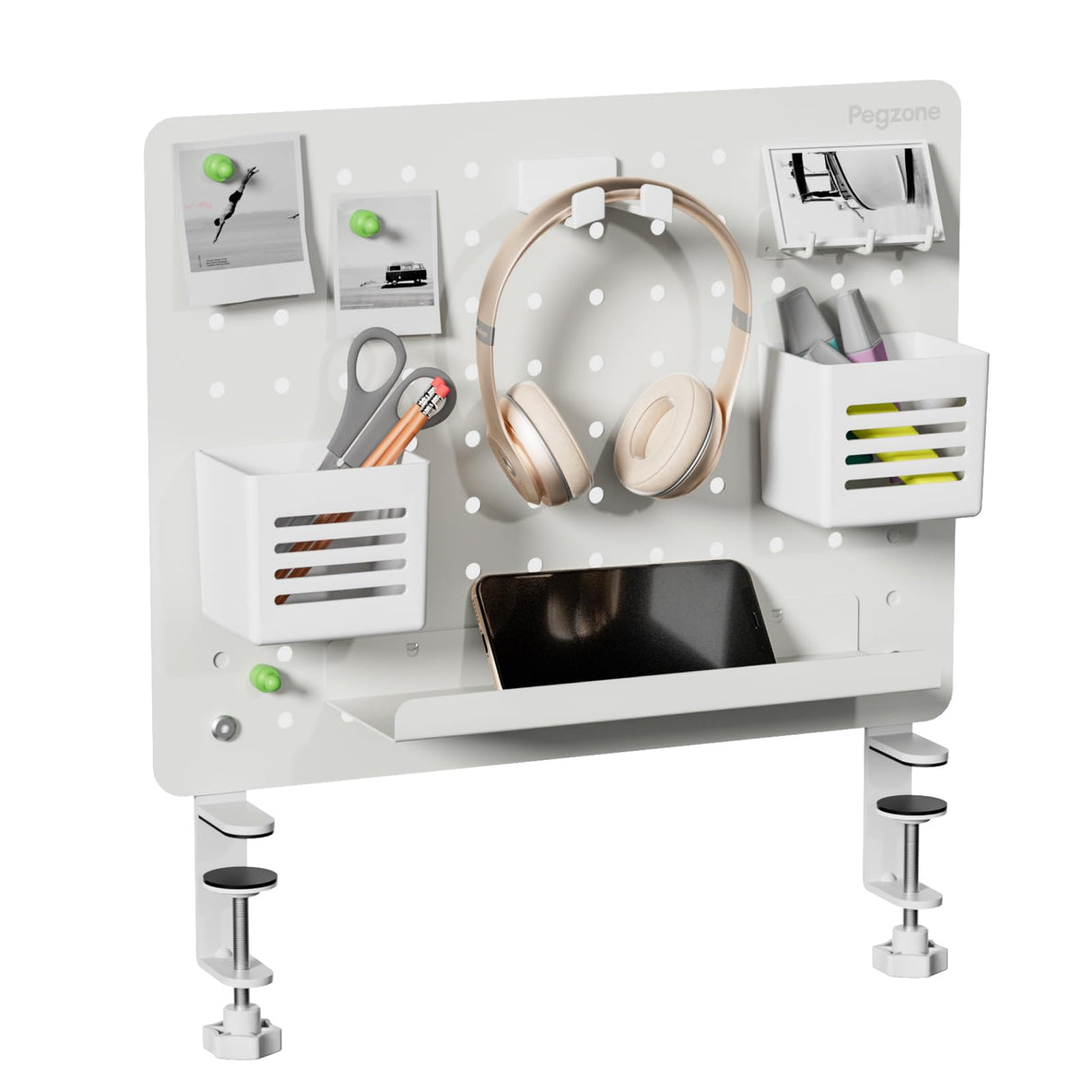 PEGZONE Clamp-on Desk Pegboard, Desk Organizer for Office Gaming Home, Magnetic Metal Peg Board with 10 Accessories, Privacy Panel for Office, 16.5" x 12.6", Medium, White PEGZONE