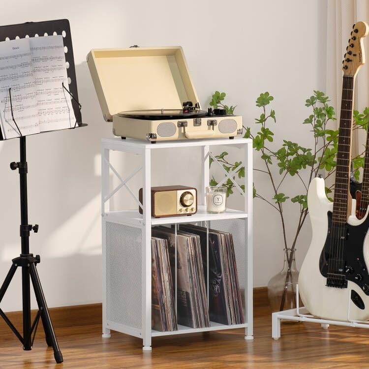 LELELINKY 3 Tier End Table, Side Table with Display Shelf, Black Vinyl Record Player Stand with Albums Storage, Industrial Sofa Bedside Table Night Stand for Living Room Bedroom Small Spaces LELELINKY