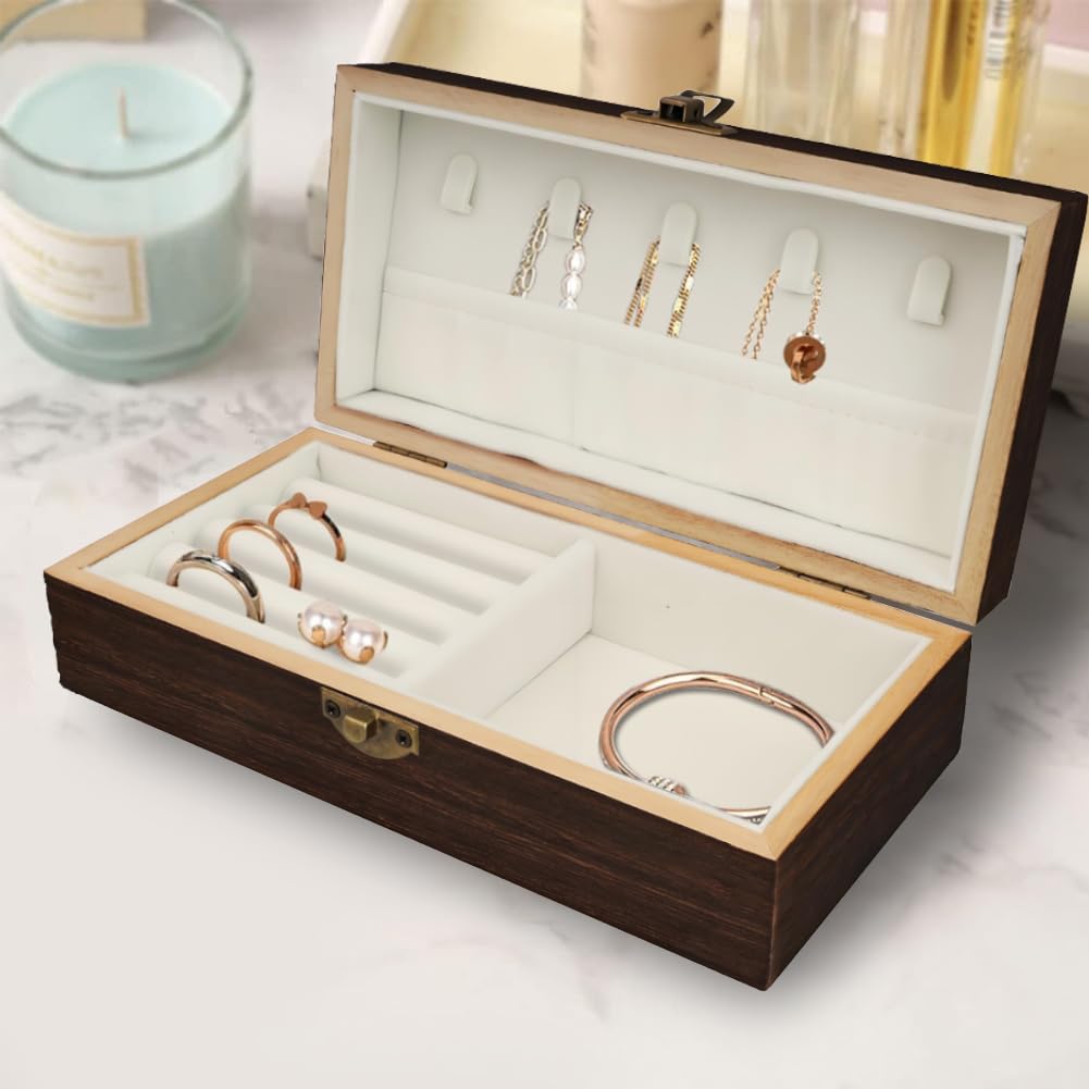 Handmade Wood Jewelry Box - Stylish Wood Travel Organizer for Women & Men, Unique Gift Ideas for Rings, Earrings, Necklaces & Bracelets, Flame Work Finish (Brown) DBlosp