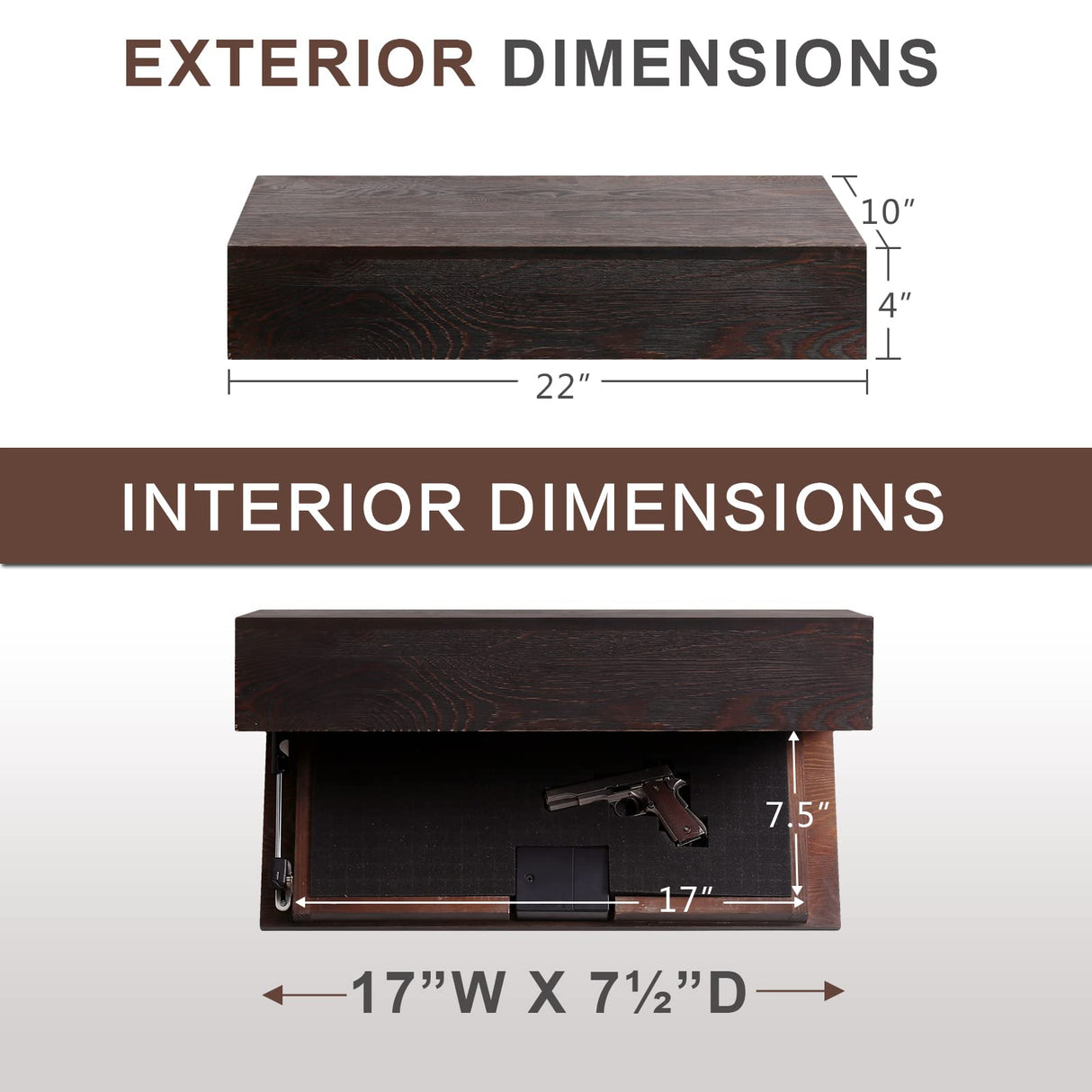 LAPTAIN Husband Gift-Rustic Floating Shelf with Hidden Compartment for Gun Storage, Wall Shelves for Living Room Décor, Wooden Concealment Shelf, RFID Lock, Espresso LAPTAIN