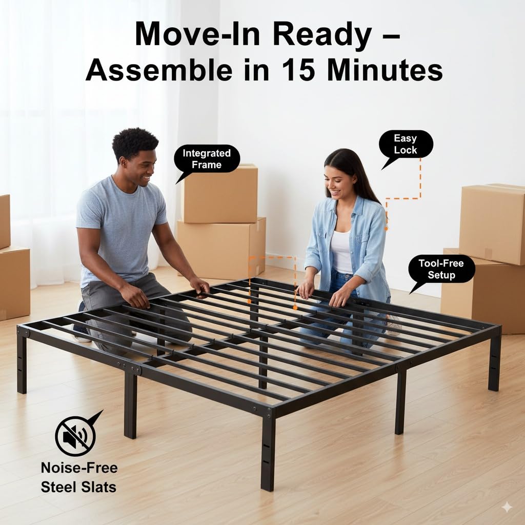 Queen Size Bed Frame - Metal Platform Bed Frames Mattress Foundation with Steel Slat Support, No Box Spring Needed, Storage Space Under Base, Easy Assembly, Black DUMOS
