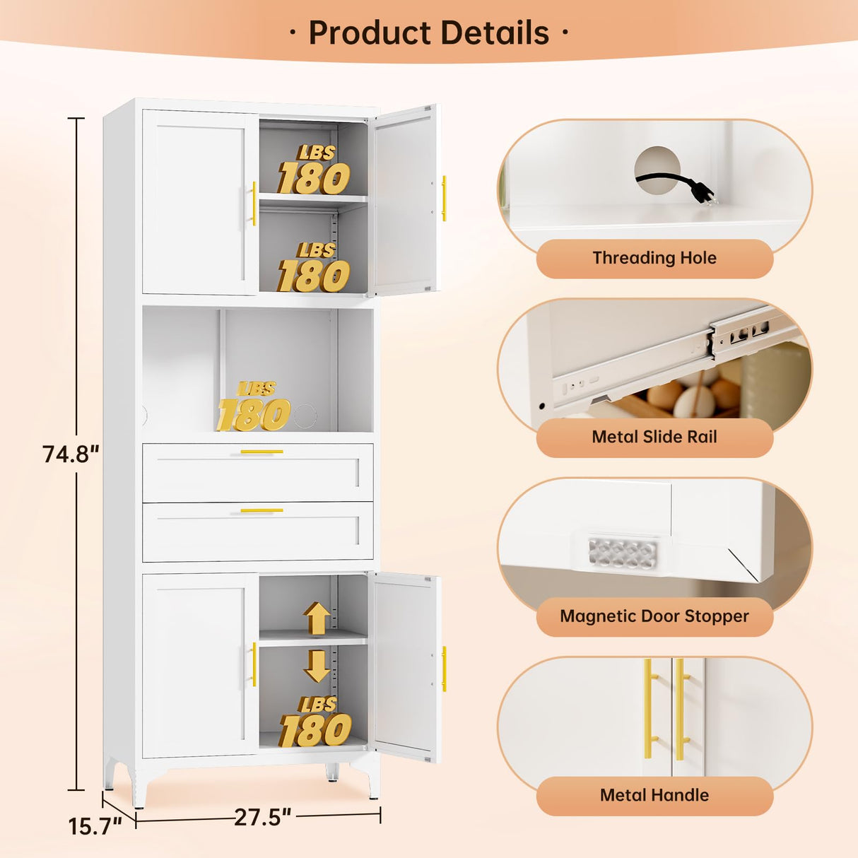 JHYKFG 75" Tall Kitchen Pantry Cabinet,Metal Storage Cabinets with 2 Drawers and Adjustable Shelves,Freestanding Display Cupboard for Dining Room,Living Room,Hallway,Bathroom,White JHYKFG