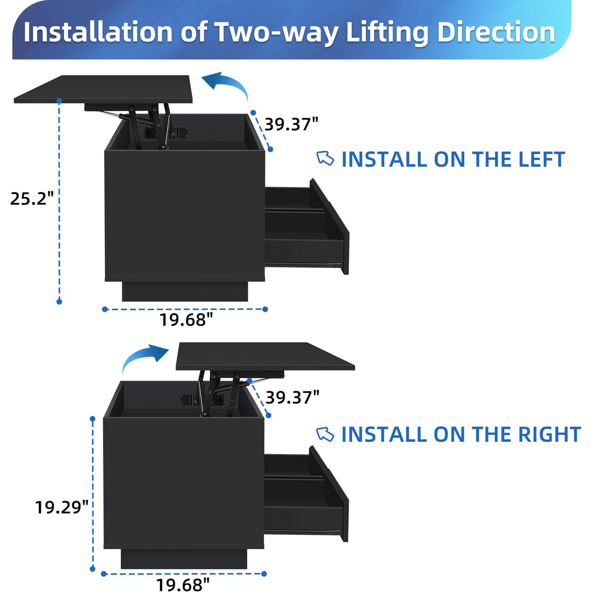 HOMMPA Lift Top Coffee Table with LED Light Morden Coffee Table with Storage Black Coffee Table for Living Room High Gloss Tea Table LED Center Tables Hidden Compartment & 2 Open Shelve & 2 Drawers HOMMPA