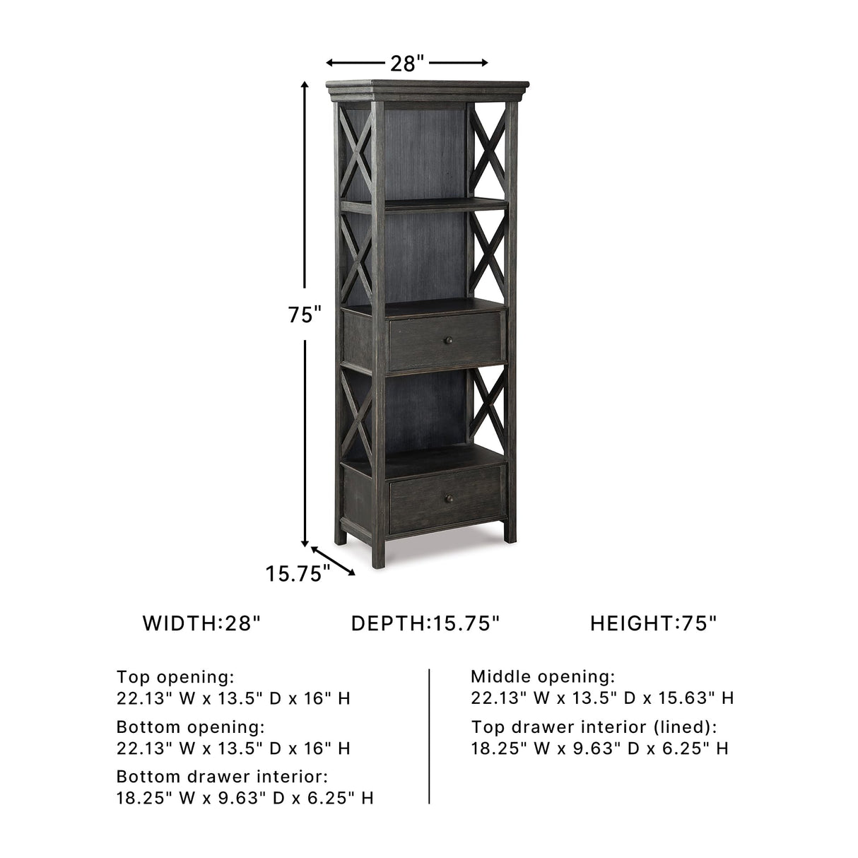 Signature Design by Ashley Tyler Creek Casual Farmhouse 75" Display Cabinet or Bookcase with Drawers and Shelf, Open Lattice Sides, Wood, Gray Black Finish Signature Design by Ashley