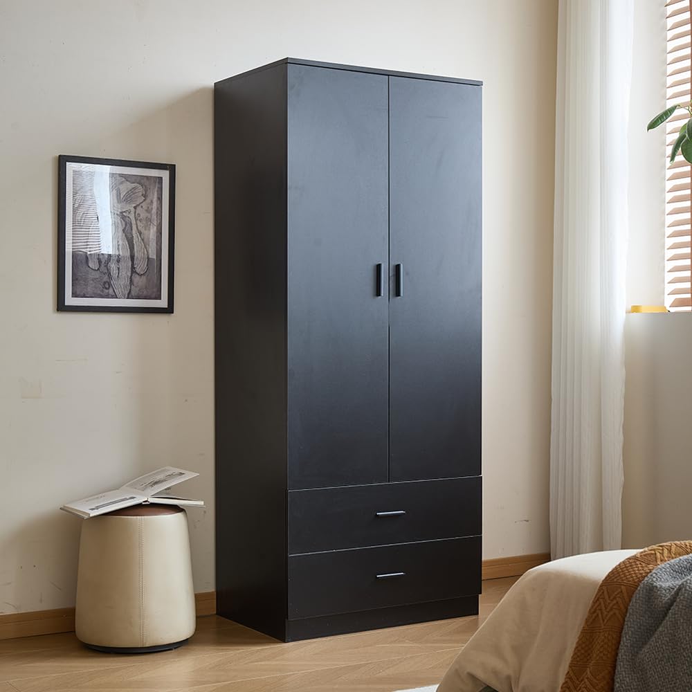Yapai Modern 2 Door Wardrobe with 2 Drawers – Freestanding Bedroom Closet Organizer, Space-Saving Armoire Storage Cabinet, Black Finish yapaihome
