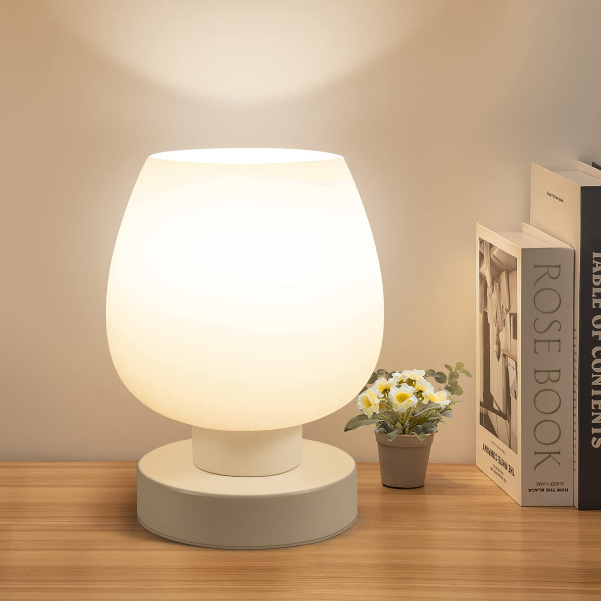Touch Bedside Table Lamp - Modern Small Lamp for Bedroom Living Room Nightstand, Desk lamp with White Opal Glass Lamp Shade, Warm LED Bulb, 3 Way Dimmable, Simple Design Mother's Day Gifts ONEWISH