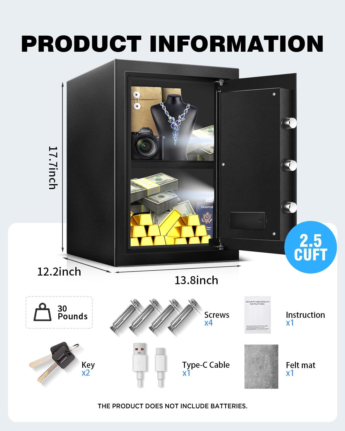 Fdsutvit Safe Box 2.2 Cu Ft, Steel Security with Digital Electronic Keypad, Safety Lock Box, Sensor Light, Removable Shelf, Home Safe for Valuables Documents Money Jewelry Guns Fdsutvit