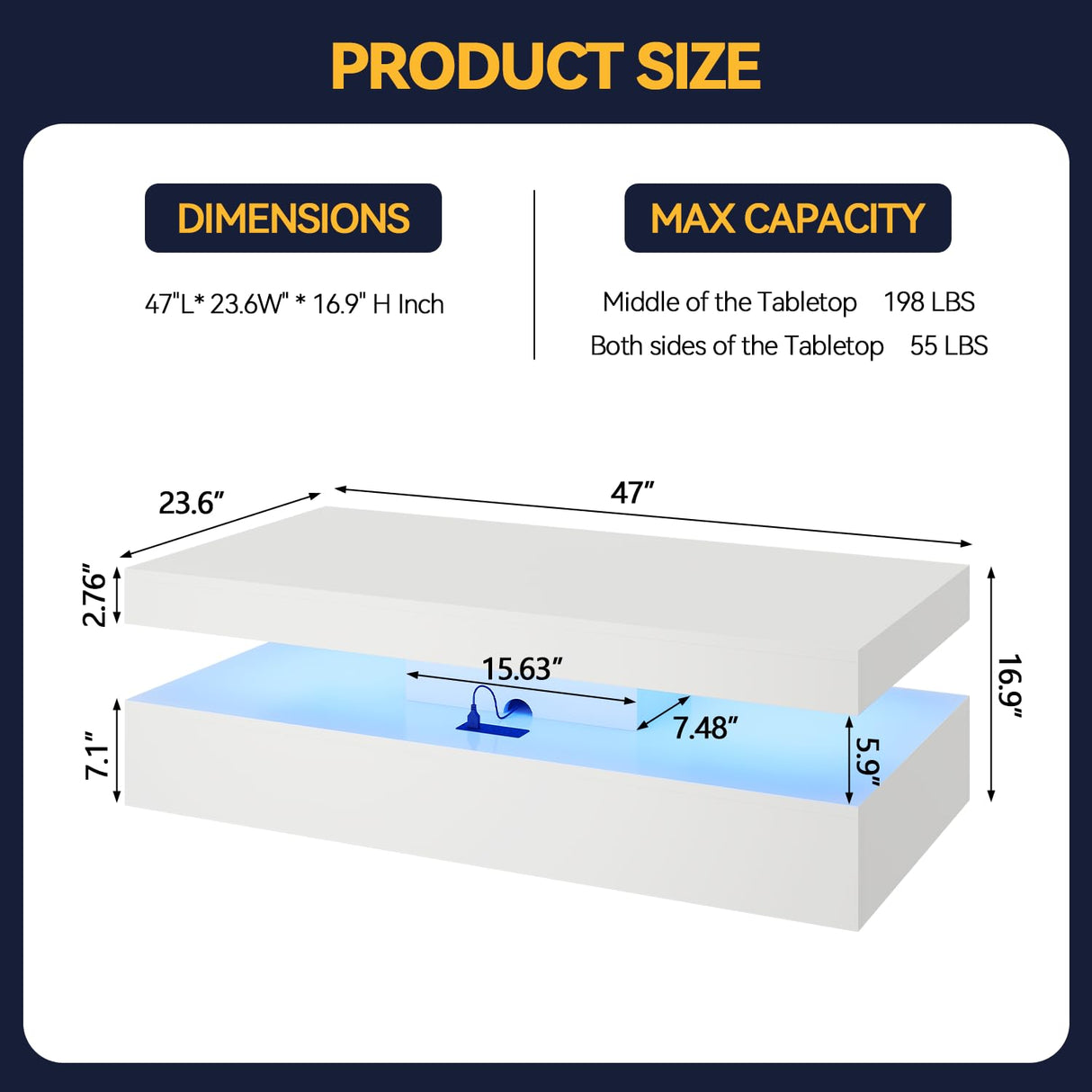 Breezestival 47" High-Glossy LED Coffee Table with 2 Sliding Drawers, Living Room Storage Coffee Tables, Modern Stylish Double-Layer Center Tables with LED Lights, White Breezestival