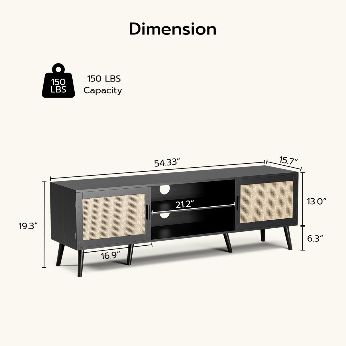ZttRiee TV Stand for TVs up to 65'', Entertainment Center with Rattan Door, Shelves & 2 Cabinets, Boho Media TV Console for Living Room, Bedroom, Black ZttRiee