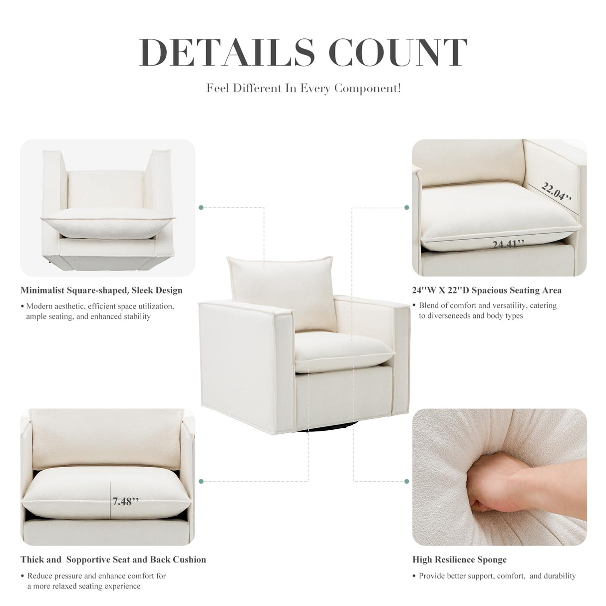 Swivel Accent Chair, 34 Inches Wide Upholstered Arm Chair with Plump Back Pillow, Modern Sofa Living Room Chair for Bedroom, Corner, Reading Nook-Beige COLAMY