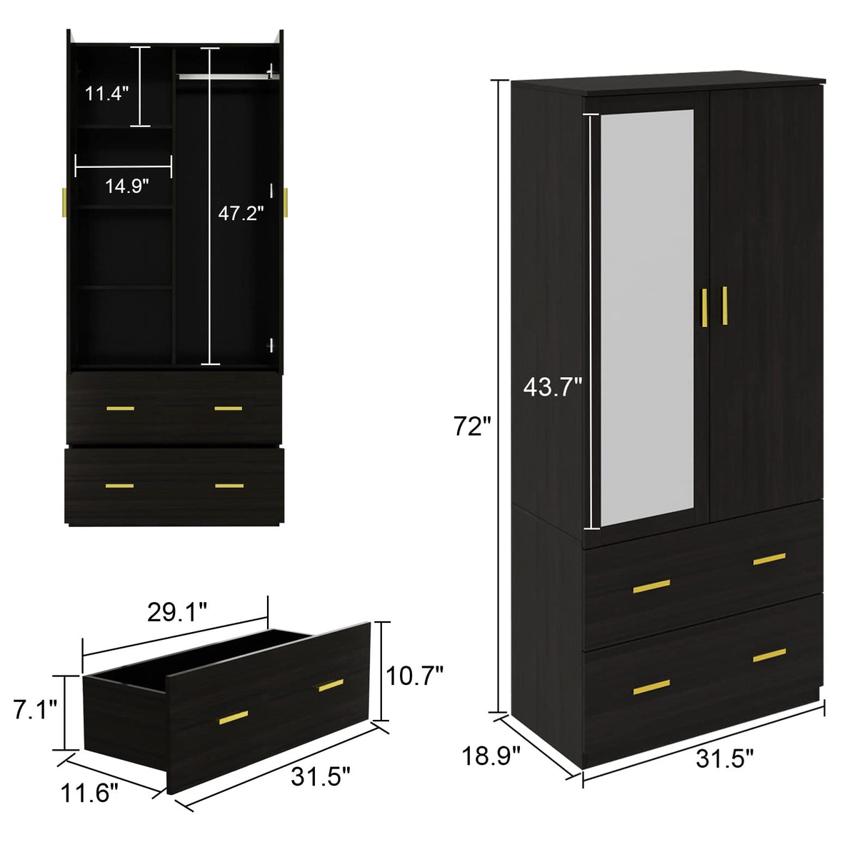 AIEGLE 2 Doors Wardrobe Armoire with Mirror, Mirrored Armoire Wardrobe Closet with 2 Drawers, Shelves & Hanging Rod, Bedroom Wooden Clothes Organizer, Dark Brown (31.5" W x 18.9" D x 72" H) AIEGLE