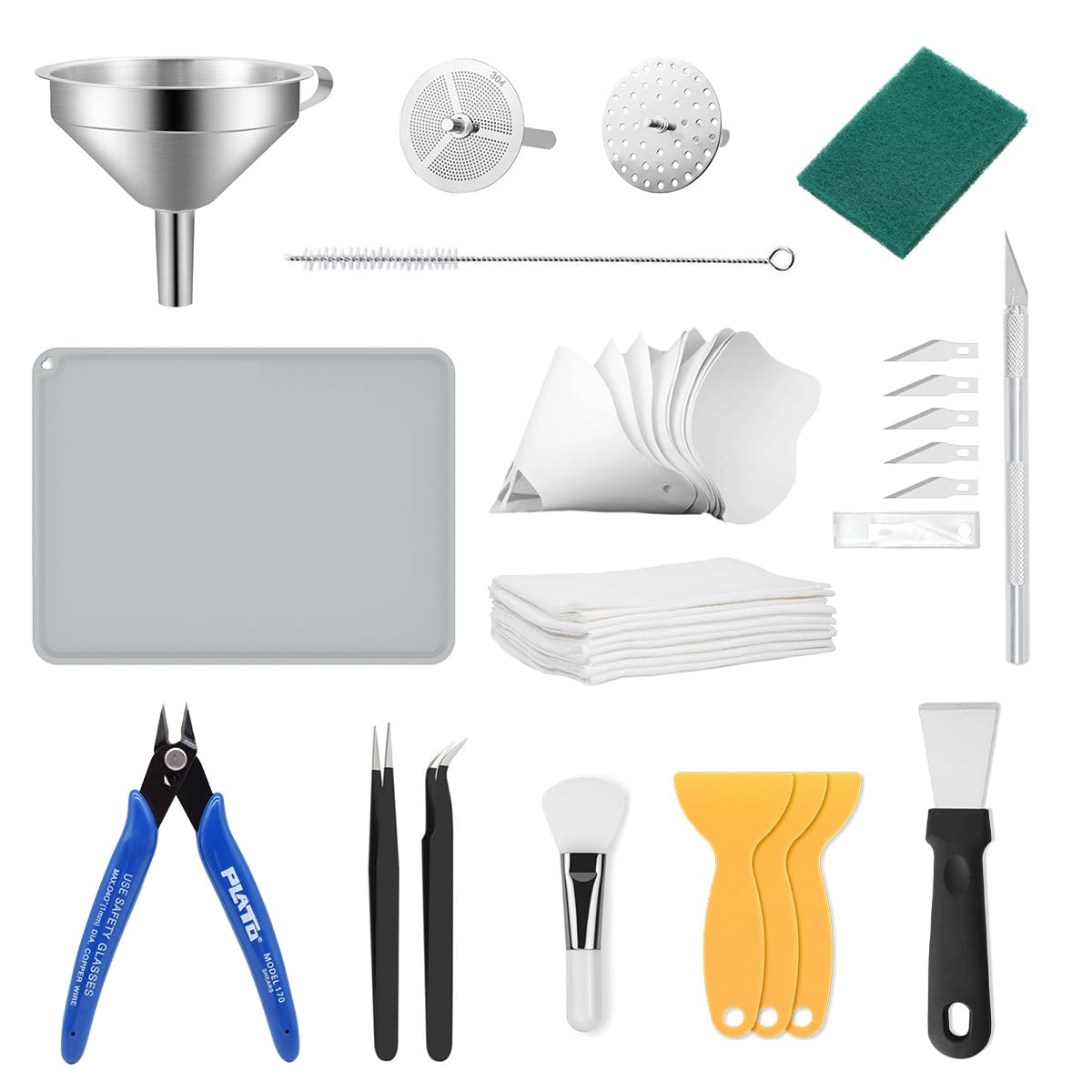 Resin 3D Printer Accessories Kit, Including Cleaning Silicone pad and Stainless Steel Funnel, Maintenance Tool Knife, Tweezers, Funnel, Scissors, Trimming Knife, 3D printer tool kit (Resin Tools Kit) Mintion