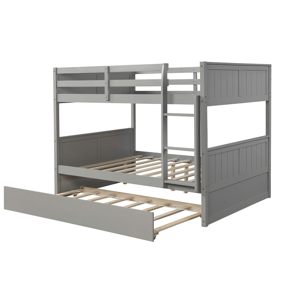 KLMM Full Over Full Bunk Bed with Trundle, Solid Wood Bunk Bed with Ladder and Safety Guard Rail, Can Accommodate 5 Person, Apply to Bedroom/Dormitory (Gray) KLMM