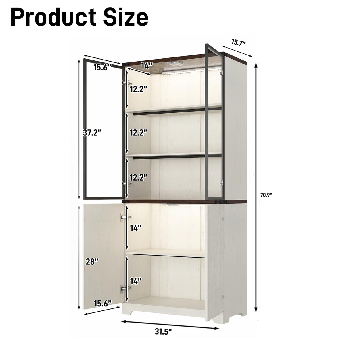 chartustriable 71" Tall Glass Display Cabinet with LED Sensor Light & Pop-up Glass Doors, Modern Fluted Bookcase with Shelves, Curio Storage Cabinet, Living Room, Office, Bedroom, Off White chartustriable