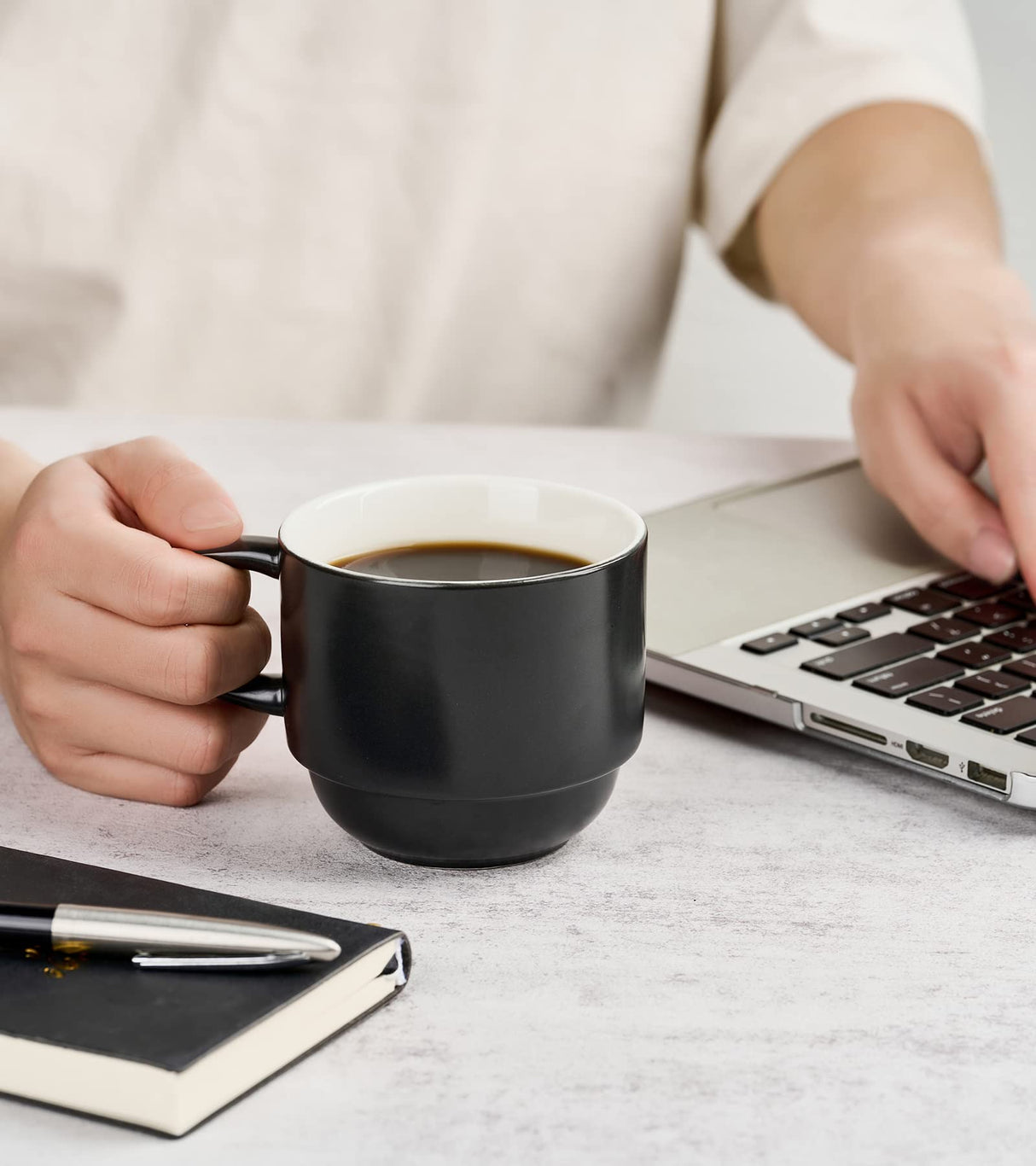 YHOSSEUN Porcelain Stackable Coffee Mug Set With Rack, Demitasse Cups with Espresso Spoons, 11 Oz For Coffee Drinks, Latte, Macchiato, Cafe Mocha Set of 4,Black YHOSSEUN