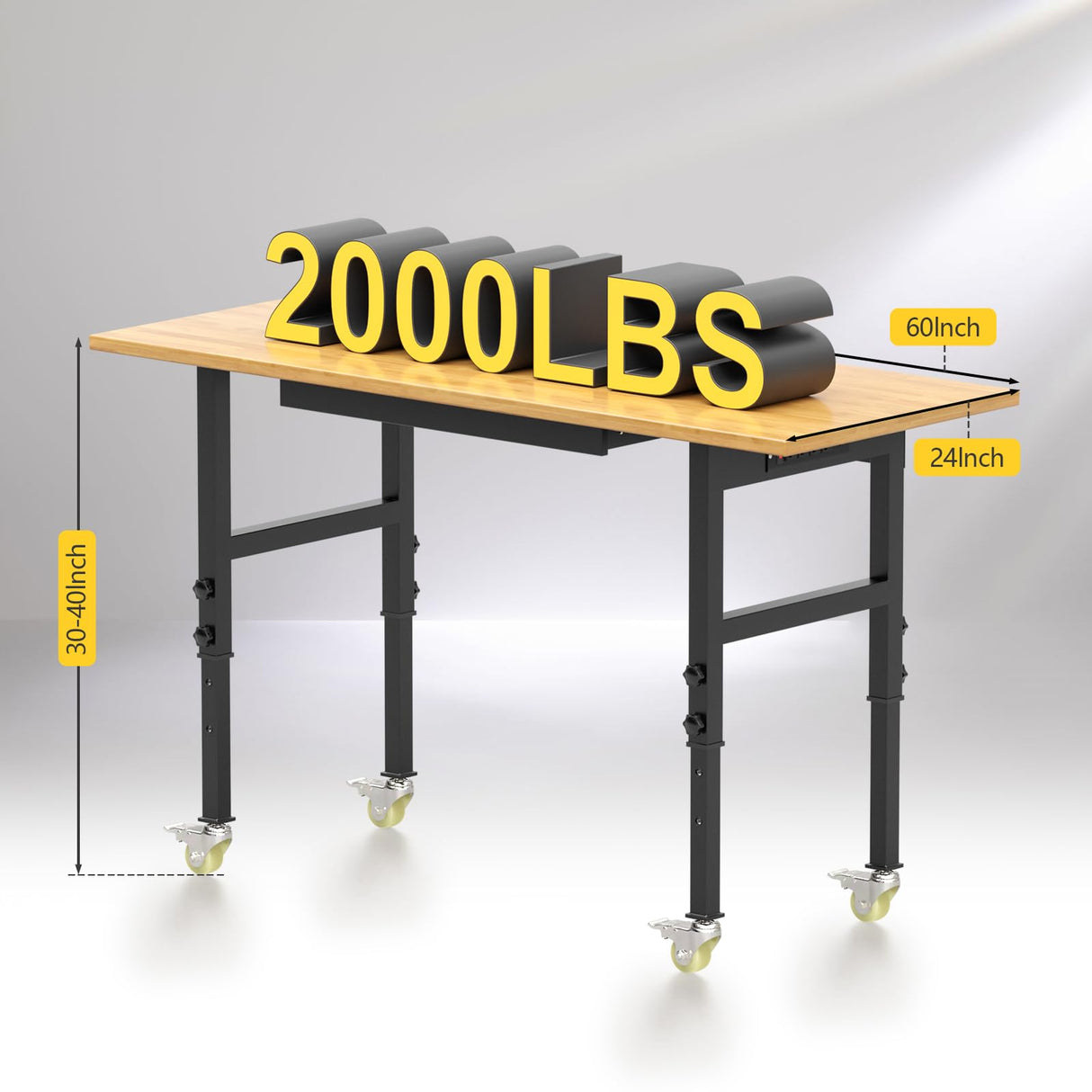 60" Adjustable Heavy Duty Work Bench with Drawers, Rubber Wood Top Workbench, Rolling Worktable with Power Outlet and Wheels, 2200 Lbs Capacity Hardwood Workstation for Garage, Workshop, Office, Home OAKANDO